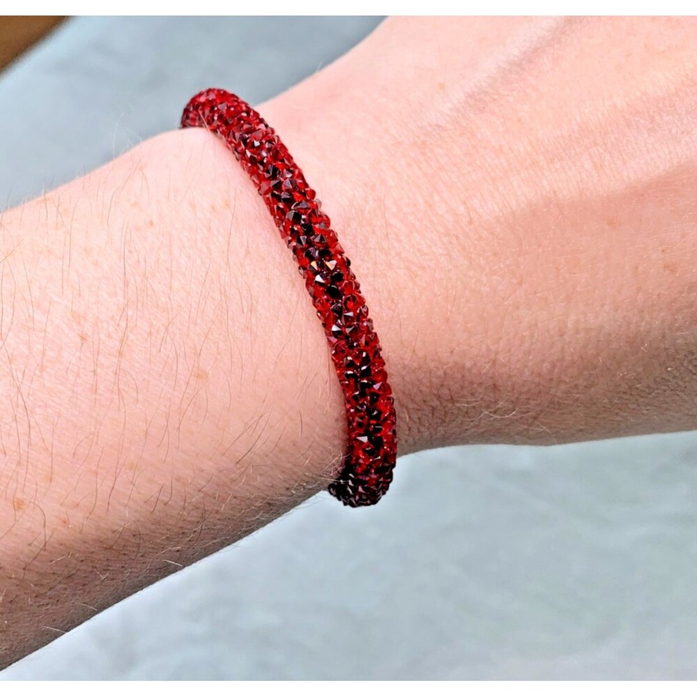 Swarovski Crystaldust Cuff Bracelet Red Ruby Crystal Silver Tone Open Bangle
